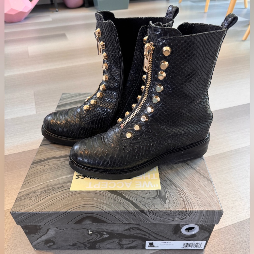 Jeffrey Campbell Black Combat Boots with Gold Accents